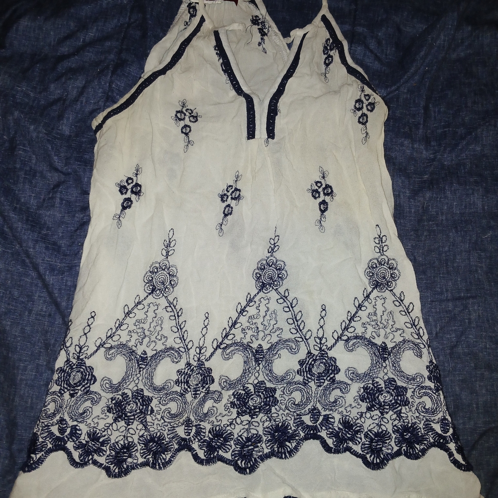 Panhandle Slim Cream and Blue Embellished Asymmetrical Camisole